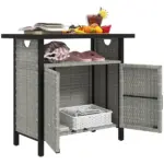 Outdoor Pool Towel Storage Cabinet Organizer, Pool Towel Holder with Shelf and Cabinet, Pool Valet with Weather-Resistant PE Rattan and Steel Frame, Gray - Image 11