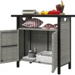 Outdoor Pool Towel Storage Cabinet Organizer, Pool Towel Holder with Shelf and Cabinet, Pool Valet with Weather-Resistant PE Rattan and Steel Frame, Gray
