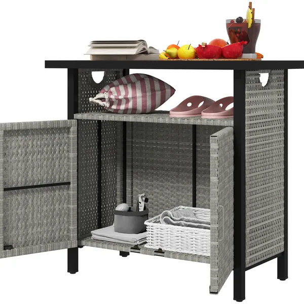 outdoor-pool-towel-storage-cabinet-organizer-pool-towel-holder-with-shelf-and-cabinet-pool-valet-with-weather-resistant-pe-rattan-and-steel-frame-gray.webp Outdoor Pool Towel Storage Cabinet Organizer, Pool Towel Holder with Shelf and Cabinet, Pool Valet with Weather-Resistant PE Rattan and Steel Frame, Gray - Image 1