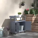 Outdoor Potting Bench with Storage Cabinet Aluminum Tabletop Rubber Wheels for Patio Backyard Balcony Gray - Image 2