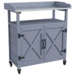 Outdoor Potting Bench with Storage Cabinet Aluminum Tabletop Rubber Wheels for Patio Backyard Balcony Gray - Image 11