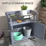 Outdoor Potting Bench with Storage Cabinet Aluminum Tabletop Rubber Wheels for Patio Backyard Balcony Gray - Image 6