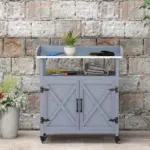 Outdoor Potting Bench with Storage Cabinet Aluminum Tabletop Rubber Wheels for Patio Backyard Balcony Gray - Image 7