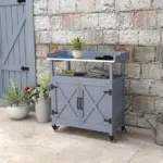 Outdoor Potting Bench with Storage Cabinet Aluminum Tabletop Rubber Wheels for Patio Backyard Balcony Gray - Image 8