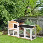PawHut Outdoor Rabbit Hutch 2-Story Wooden Bunny Cage with Ramp Weatherproof Roof Yellow - Image 2