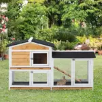 PawHut Outdoor Rabbit Hutch 2-Story Wooden Bunny Cage with Ramp Weatherproof Roof Yellow - Image 10