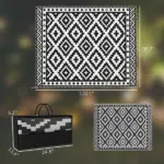 Outsunny Outdoor Rug Carpet Reversible Plastic Straw Rug with LED Lights Black and White 10' x 8' for Patio - Image 3