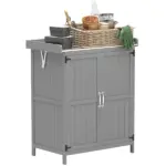 Outdoor Storage Cabinet, Garden Tool Shed with Metal Tabletop and Shelf, Wooden Potting Bench with 2 Doors, Gray - Image 11