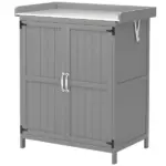 Outdoor Storage Cabinet, Garden Tool Shed with Metal Tabletop and Shelf, Wooden Potting Bench with 2 Doors, Gray