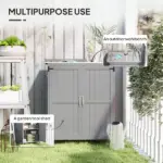 Outdoor Storage Cabinet, Garden Tool Shed with Metal Tabletop and Shelf, Wooden Potting Bench with 2 Doors, Gray - Image 4