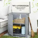 Outdoor Storage Cabinet, Garden Tool Shed with Metal Tabletop and Shelf, Wooden Potting Bench with 2 Doors, Gray - Image 6