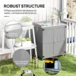 Outdoor Storage Cabinet, Garden Tool Shed with Metal Tabletop and Shelf, Wooden Potting Bench with 2 Doors, Gray - Image 7