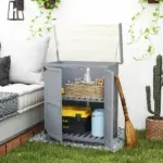 Outdoor Storage Cabinet, Garden Tool Shed with Metal Tabletop and Shelf, Wooden Potting Bench with 2 Doors, Gray - Image 10