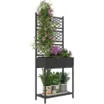 Outdoor Wicker Planter with Trellis for Climbing Plants, Freestanding Rattan Garden Box with Storage Shelf, Black - Image 11