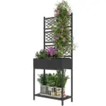 Outdoor Wicker Planter with Trellis for Climbing Plants, Freestanding Rattan Garden Box with Storage Shelf, Black