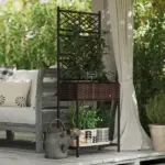 Outdoor Wicker Planter with Trellis for Climbing Plants, Freestanding Rattan Garden Box with Storage Shelf, Brown - Image 2