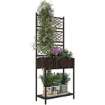 Outdoor Wicker Planter with Trellis for Climbing Plants, Freestanding Rattan Garden Box with Storage Shelf, Brown - Image 11