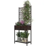 Outdoor Wicker Planter with Trellis for Climbing Plants, Freestanding Rattan Garden Box with Storage Shelf, Brown