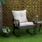 Outdoor Wicker Rocking Chair with Padded Cushions, Aluminum Furniture Rattan Porch Rocker Chair w/ Armrest for Garden, Patio, Khaki - Image 2