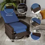 Outsunny Outdoor Wicker Swivel Recliner Chair, Lifting Footrest, 360 Degree Rotating Basic, Water-resistant Cushions, Dark Blue - Image 6