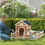 Outdoor Wooden Dog House, Dog Shelter with Large Porch, Weatherproof and Openable Roof, Elevated Base, Removable Floor - Image 2