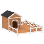 Outdoor Wooden Dog House, Dog Shelter with Large Porch, Weatherproof and Openable Roof, Elevated Base, Removable Floor