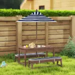 Qaba Outdoor Wooden Kids Picnic Table and Bench Set with Cushions and Umbrella, for Patio, Garden, Navy Blue - Image 2