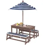 Qaba Outdoor Wooden Kids Picnic Table and Bench Set with Cushions and Umbrella, for Patio, Garden, Navy Blue - Image 11