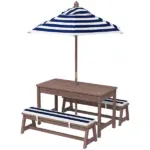 Qaba Outdoor Wooden Kids Picnic Table and Bench Set with Cushions and Umbrella, for Patio, Garden, Navy Blue