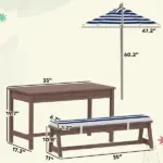 Qaba Outdoor Wooden Kids Picnic Table and Bench Set with Cushions and Umbrella, for Patio, Garden, Navy Blue - Image 3