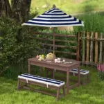 Qaba Outdoor Wooden Kids Picnic Table and Bench Set with Cushions and Umbrella, for Patio, Garden, Navy Blue - Image 10