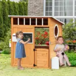 Outdoor Wooden Playhouse for Kids, Cottage, Door, Windows, Mailbox, Bench, Flower Pot Holder - Image 2