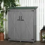 Outdoor Wooden Storage Cabinet Garden Shed Utility Tool Organizer Waterproof Asphalt Roof Lockable Doors 3 Shelves Grey - Image 2
