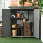 Outdoor Wooden Storage Cabinet Garden Shed Utility Tool Organizer Waterproof Asphalt Roof Lockable Doors 3 Shelves Grey - Image 10