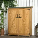 Outdoor Wooden Storage Cabinet Garden Shed Utility Tool Organizer Waterproof Asphalt Roof Lockable Doors 3 Shelves Natural - Image 2