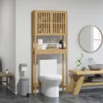 HOMCOM Over the Toilet Cabinet, Bamboo Bathroom Above Toilet Storage with Slatted Doors and Adjustable Shelf, Natural - Image 2