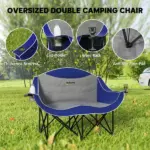 2 Person Padded Folding Camping Chair with Cup Holders and Carry Bag, Blue - Image 4