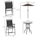 Outsunny Patio Bar Set 4 Piece Black for 2 Adjustable Tilt Umbrella Folding Chairs Glass Table - Image 3