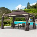 Patio Gazebo 10'x13' with 2-Tier Polyester Roof, Vented Canopy, Mesh Sidewalls, Aluminum Frame - Coffee - Image 2