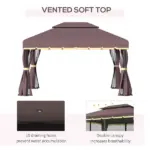 Patio Gazebo 10'x13' with 2-Tier Polyester Roof, Vented Canopy, Mesh Sidewalls, Aluminum Frame - Coffee - Image 4