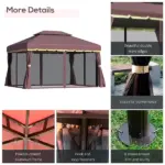 Patio Gazebo 10'x13' with 2-Tier Polyester Roof, Vented Canopy, Mesh Sidewalls, Aluminum Frame - Coffee - Image 5