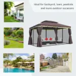 Patio Gazebo 10'x13' with 2-Tier Polyester Roof, Vented Canopy, Mesh Sidewalls, Aluminum Frame - Coffee - Image 6