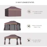 Patio Gazebo 10'x13' with 2-Tier Polyester Roof, Vented Canopy, Mesh Sidewalls, Aluminum Frame - Coffee - Image 7