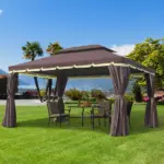 Patio Gazebo 10'x13' with 2-Tier Polyester Roof, Vented Canopy, Mesh Sidewalls, Aluminum Frame - Coffee - Image 10