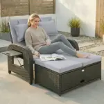 Patio Rattan Daybed, Wicker Outdoor Daybed with Storage Ottoman, Loveseat w/ Adjustable Backrest, Side Tables, Gray - Image 2
