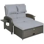 Patio Rattan Daybed, Wicker Outdoor Daybed with Storage Ottoman, Loveseat w/ Adjustable Backrest, Side Tables, Gray - Image 11