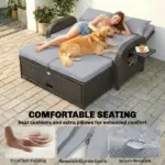 Patio Rattan Daybed, Wicker Outdoor Daybed with Storage Ottoman, Loveseat w/ Adjustable Backrest, Side Tables, Gray - Image 6
