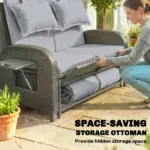 Patio Rattan Daybed, Wicker Outdoor Daybed with Storage Ottoman, Loveseat w/ Adjustable Backrest, Side Tables, Gray - Image 8