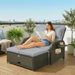 Patio Rattan Daybed, Wicker Outdoor Daybed with Storage Ottoman, Loveseat w/ Adjustable Backrest, Side Tables, Gray - Image 10