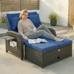Patio Rattan Daybed, Wicker Outdoor Daybed with Storage Ottoman, Loveseat w/ Adjustable Backrest, Side Tables, Navy Blue - Image 2